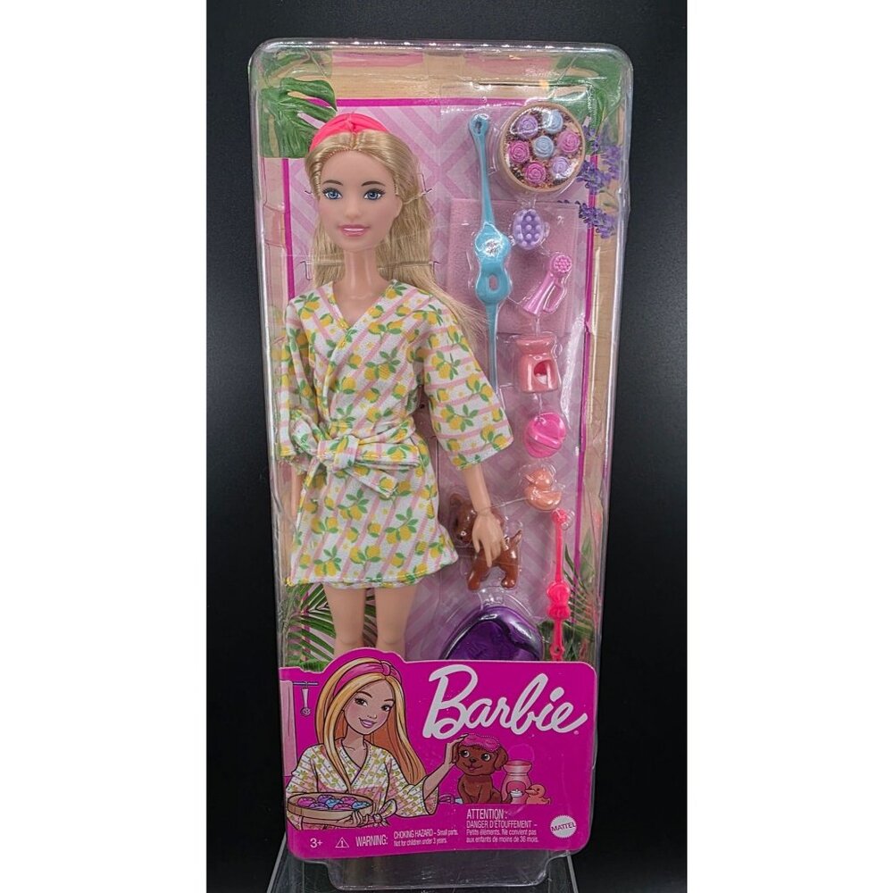 Barbie Spa Day Doll With Accessories Lemon Print Robe Puppy & Relaxation Items